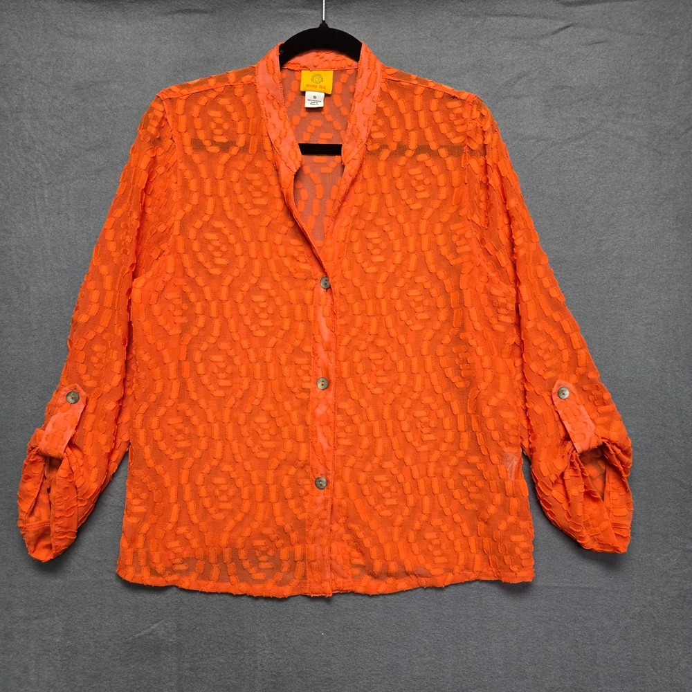 Ruby Rd Button Up Blouse Textured Sheer Roll Tab 10 Orange Geometric Art To Wear